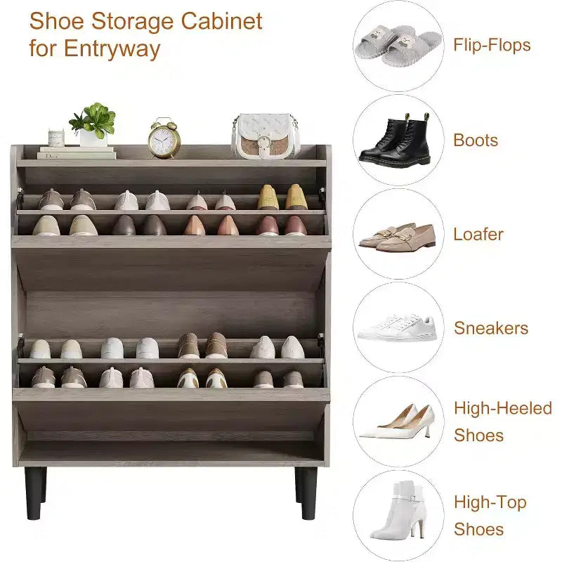 Meuble à chaussures en bois avec 2 tiroirs basculants et étagère réglable, Rangement de chaussures pour entrée, Meuble à chaussures dissimulé pour couloir, salon, Gris