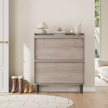 Meuble à chaussures en bois avec 2 tiroirs basculants et étagère réglable, Rangement de chaussures pour entrée, Meuble à chaussures dissimulé pour couloir, salon, Gris
