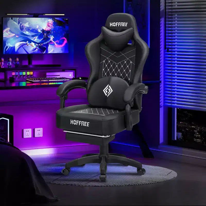Hoffree Leather Massage Gaming Chair Ergonomic Office PC Chair with Footrest & Adjustable