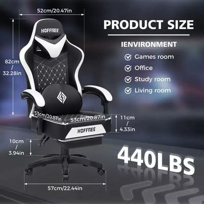 Hoffree Leather Massage Gaming Chair Ergonomic Office PC Chair with Footrest & Adjustable
