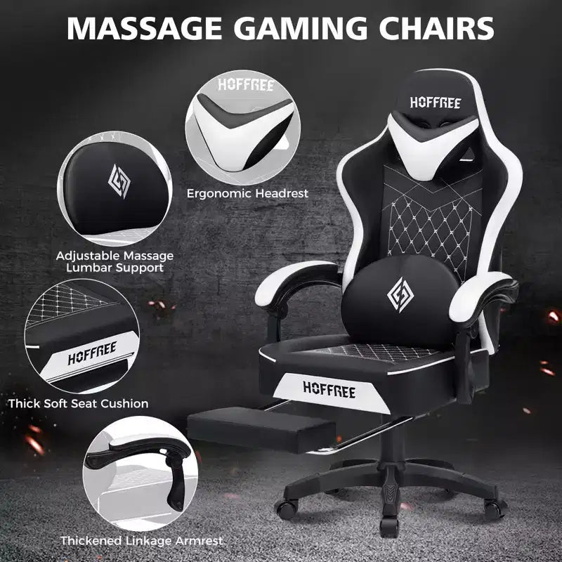 Hoffree Leather Massage Gaming Chair Ergonomic Office PC Chair with Footrest & Adjustable