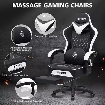 Hoffree Leather Massage Gaming Chair Ergonomic Office PC Chair with Footrest & Adjustable