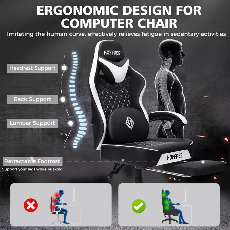 Hoffree Leather Massage Gaming Chair Ergonomic Office PC Chair with Footrest & Adjustable