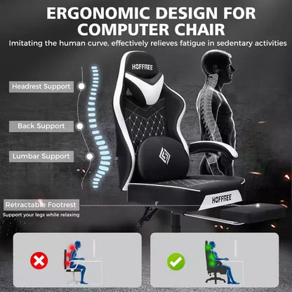 Hoffree Leather Massage Gaming Chair Ergonomic Office PC Chair with Footrest & Adjustable
