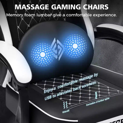 Hoffree Leather Massage Gaming Chair Ergonomic Office PC Chair with Footrest & Adjustable