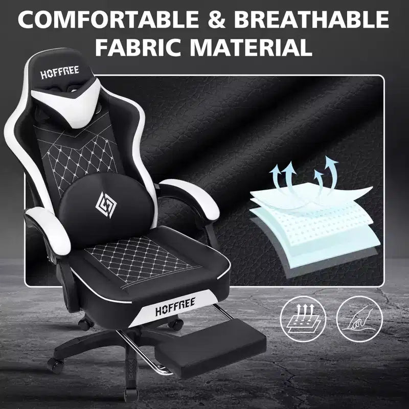 Hoffree Leather Massage Gaming Chair Ergonomic Office PC Chair with Footrest & Adjustable
