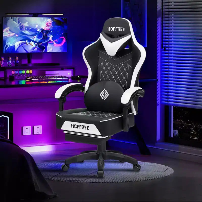 Hoffree Leather Massage Gaming Chair Ergonomic Office PC Chair with Footrest & Adjustable