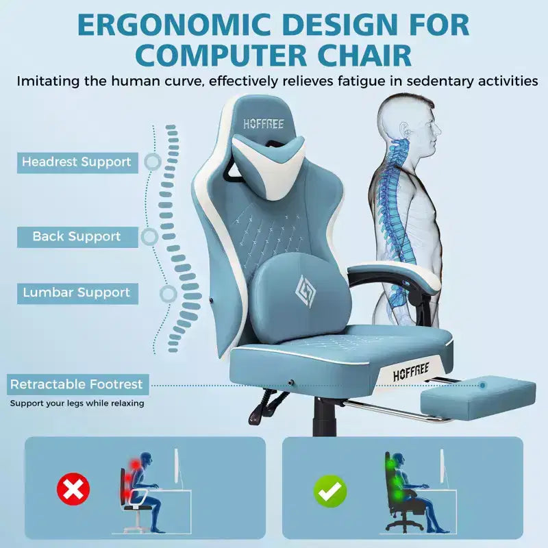 Hoffree Leather Massage Gaming Chair Ergonomic Office PC Chair with Footrest & Adjustable