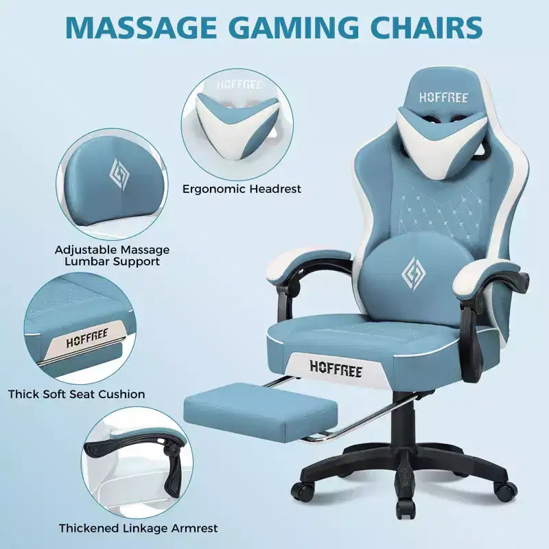 Hoffree Leather Massage Gaming Chair Ergonomic Office PC Chair with Footrest & Adjustable
