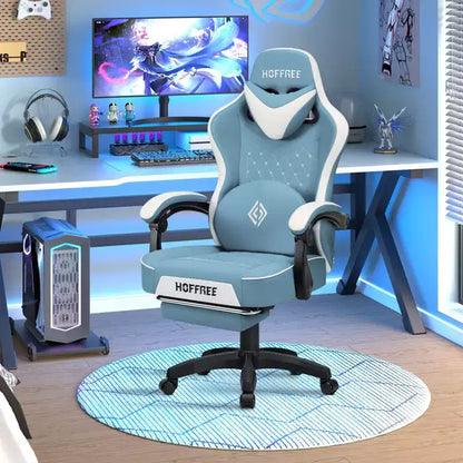 Hoffree Leather Massage Gaming Chair Ergonomic Office PC Chair with Footrest & Adjustable