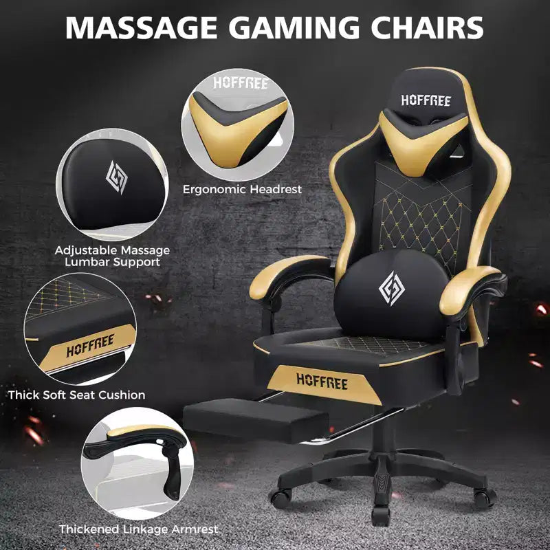 Hoffree Leather Massage Gaming Chair Ergonomic Office PC Chair with Footrest & Adjustable