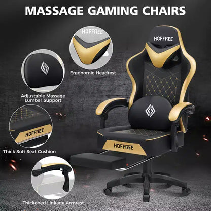 Hoffree Leather Massage Gaming Chair Ergonomic Office PC Chair with Footrest & Adjustable