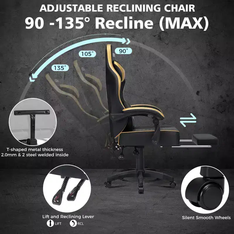 Hoffree Leather Massage Gaming Chair Ergonomic Office PC Chair with Footrest & Adjustable