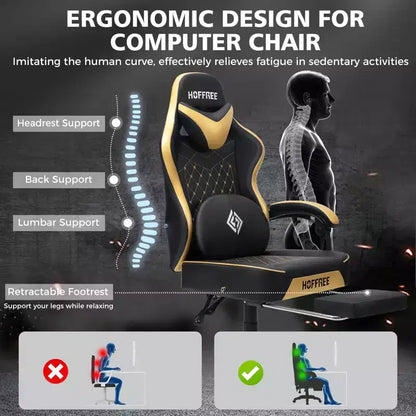 Hoffree Leather Massage Gaming Chair Ergonomic Office PC Chair with Footrest & Adjustable