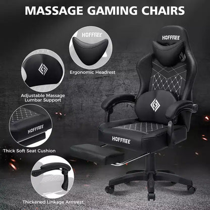 Hoffree Leather Massage Gaming Chair Ergonomic Office PC Chair with Footrest & Adjustable