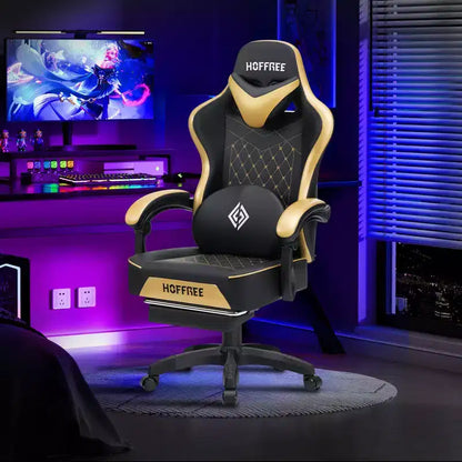 Hoffree Leather Massage Gaming Chair Ergonomic Office PC Chair with Footrest & Adjustable