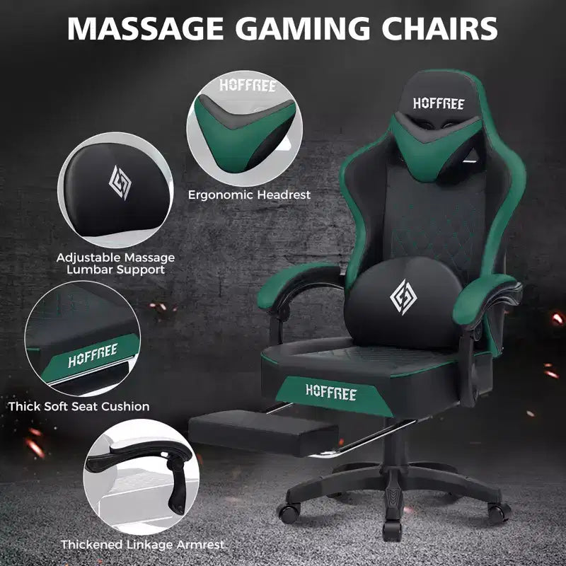 Hoffree Leather Massage Gaming Chair Ergonomic Office PC Chair with Footrest & Adjustable