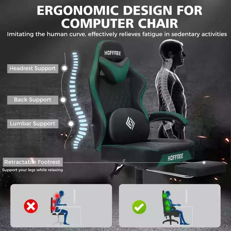 Hoffree Leather Massage Gaming Chair Ergonomic Office PC Chair with Footrest & Adjustable