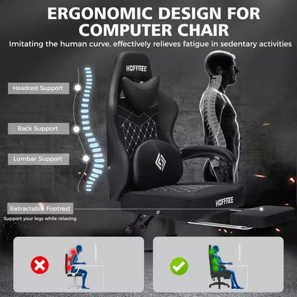 Hoffree Leather Massage Gaming Chair Ergonomic Office PC Chair with Footrest & Adjustable