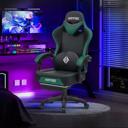 Hoffree Leather Massage Gaming Chair Ergonomic Office PC Chair with Footrest & Adjustable