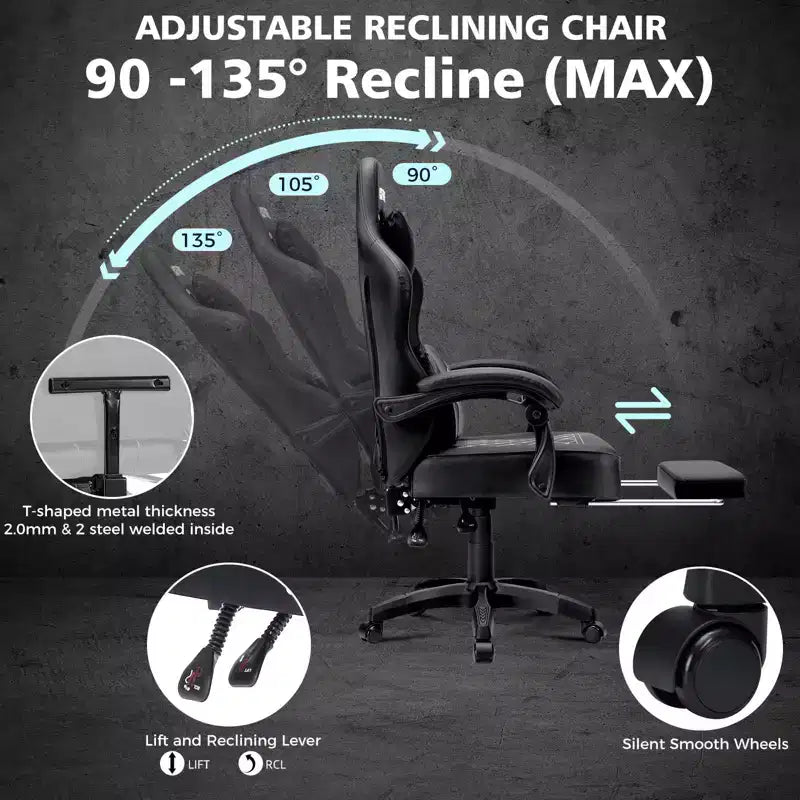 Hoffree Leather Massage Gaming Chair Ergonomic Office PC Chair with Footrest & Adjustable