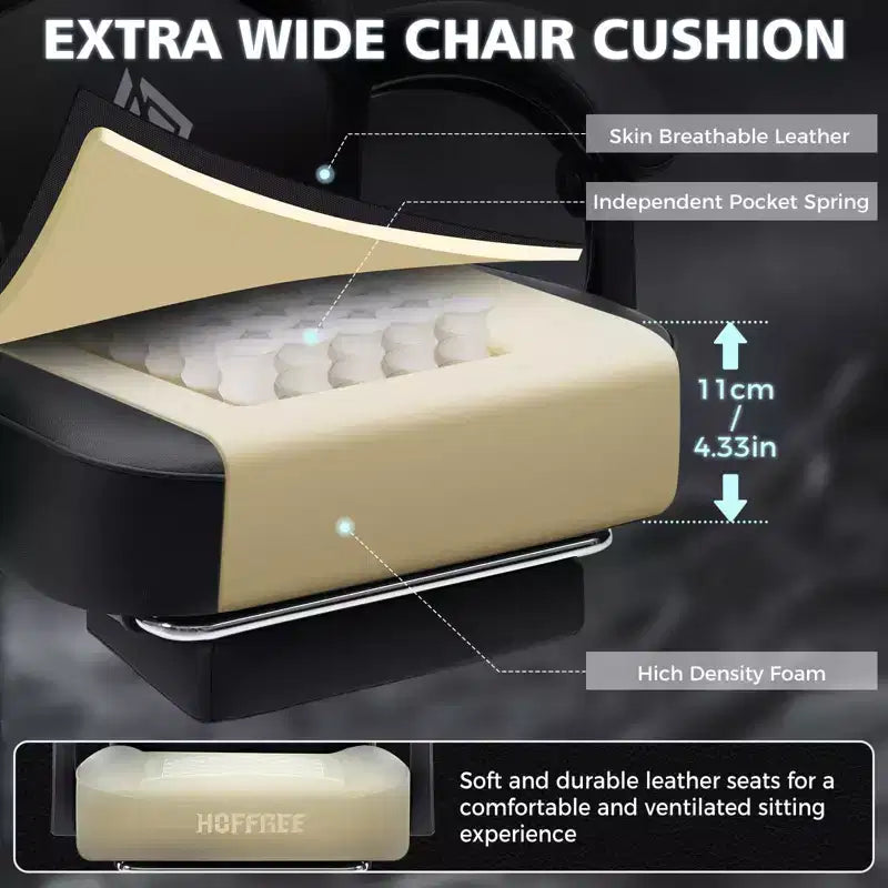 Hoffree Leather Massage Gaming Chair Ergonomic Office PC Chair with Footrest & Adjustable