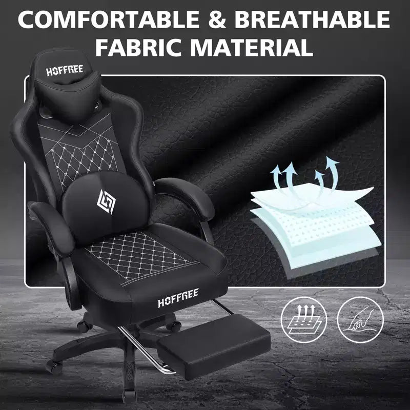 Hoffree Leather Massage Gaming Chair Ergonomic Office PC Chair with Footrest & Adjustable