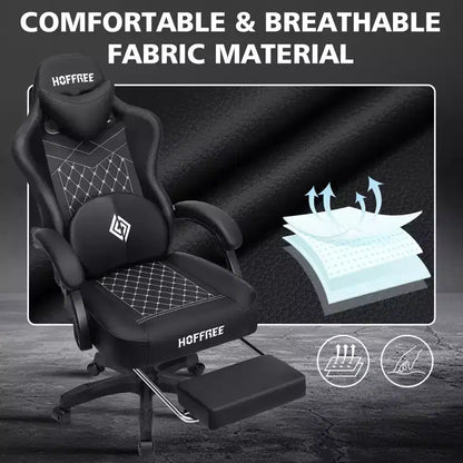 Hoffree Leather Massage Gaming Chair Ergonomic Office PC Chair with Footrest & Adjustable