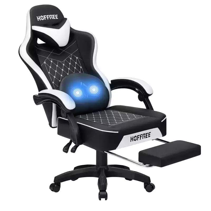 Hoffree Leather Massage Gaming Chair Ergonomic Office PC Chair with Footrest & Adjustable