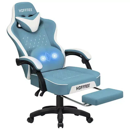 Hoffree Leather Massage Gaming Chair Ergonomic Office PC Chair with Footrest & Adjustable