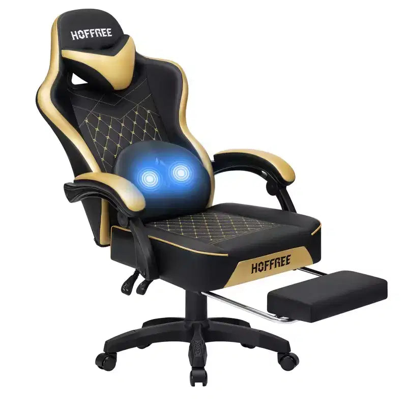 Hoffree Leather Massage Gaming Chair Ergonomic Office PC Chair with Footrest & Adjustable