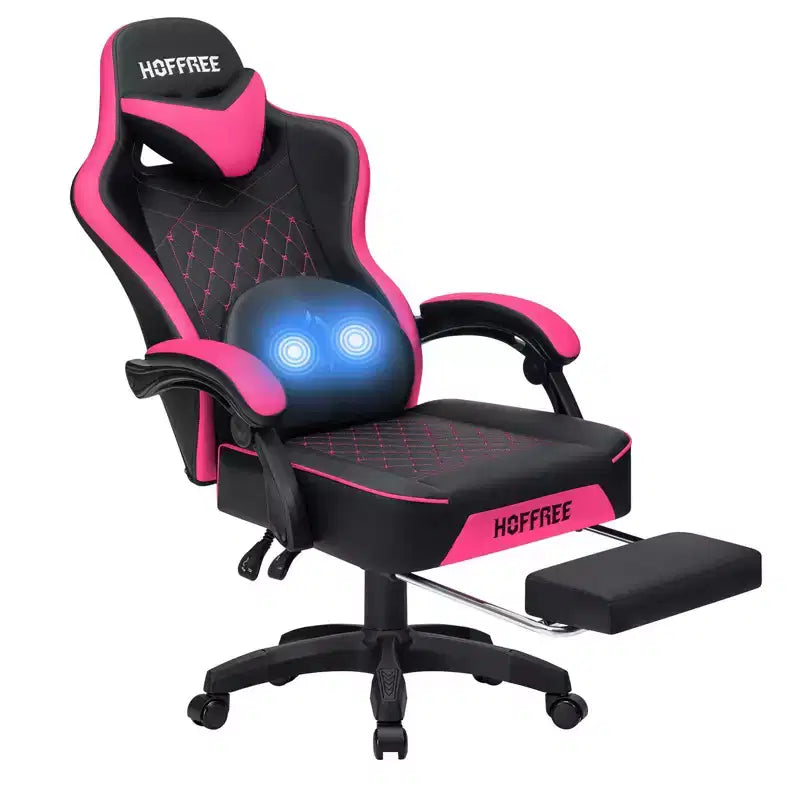 Hoffree Leather Massage Gaming Chair Ergonomic Office PC Chair with Footrest & Adjustable