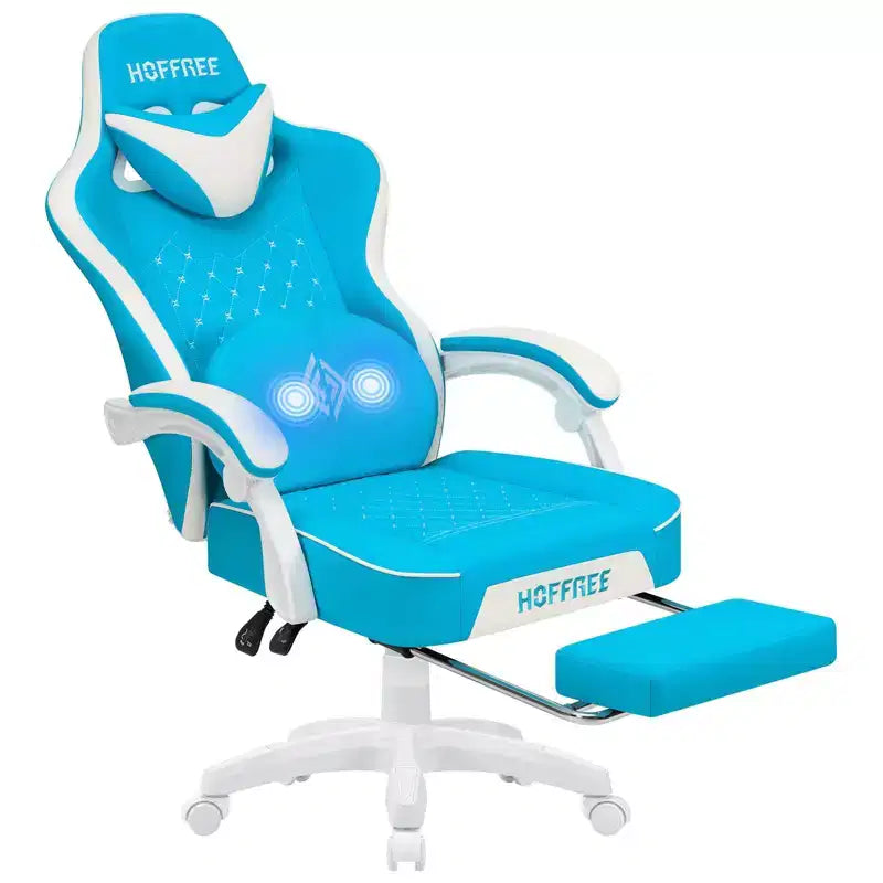 Hoffree Leather Massage Gaming Chair Ergonomic Office PC Chair with Footrest & Adjustable