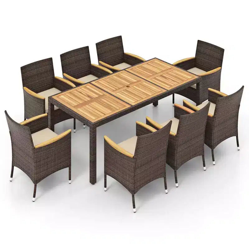 Costway Ensemble de salle à manger d'extérieur 9 pièces avec plateau de table en bois d'acacia, pour 8 personnes, bleu marine/beige