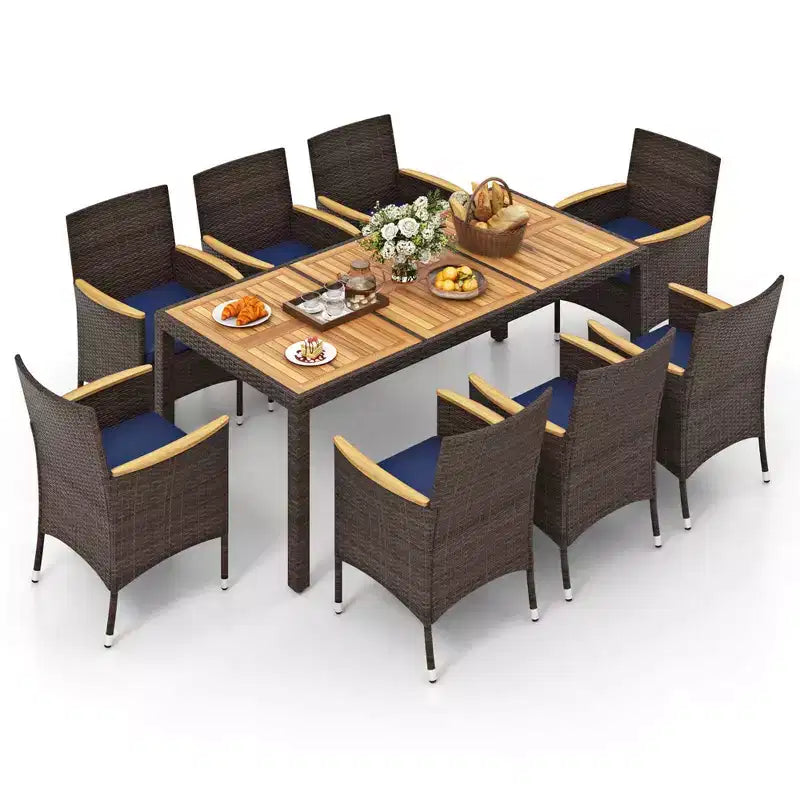 Costway Ensemble de salle à manger d'extérieur 9 pièces avec plateau de table en bois d'acacia, pour 8 personnes, bleu marine/beige