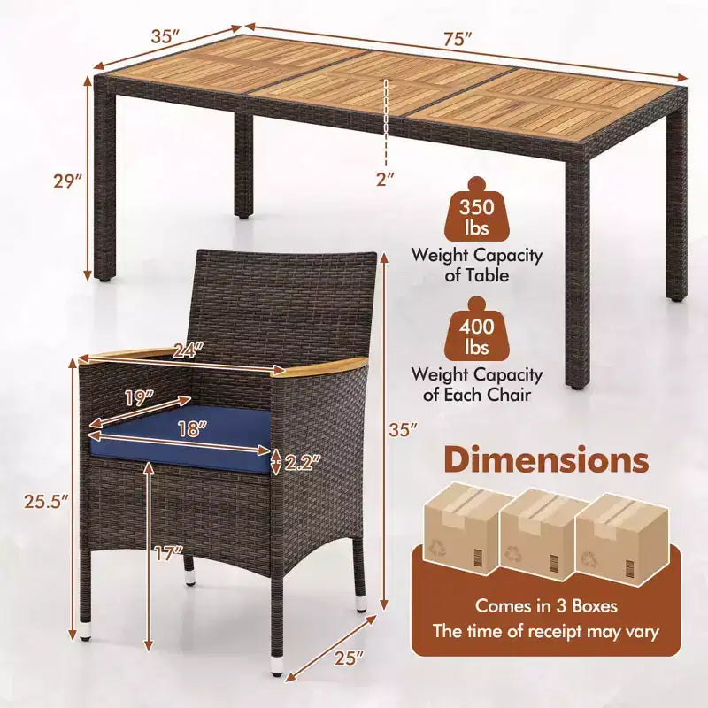 Costway Ensemble de salle à manger d'extérieur 9 pièces avec plateau de table en bois d'acacia, pour 8 personnes, bleu marine/beige