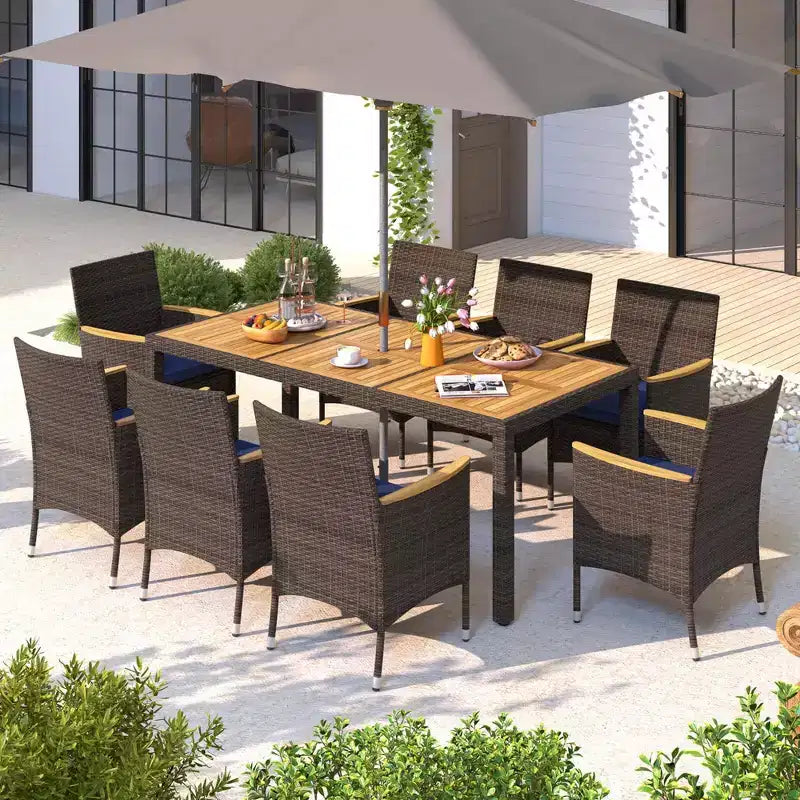 Costway Ensemble de salle à manger d'extérieur 9 pièces avec plateau de table en bois d'acacia, pour 8 personnes, bleu marine/beige