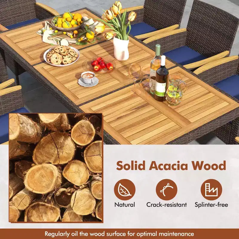 Costway Ensemble de salle à manger d'extérieur 9 pièces avec plateau de table en bois d'acacia, pour 8 personnes, bleu marine/beige