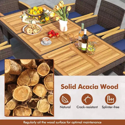 Costway Ensemble de salle à manger d'extérieur 9 pièces avec plateau de table en bois d'acacia, pour 8 personnes, bleu marine/beige