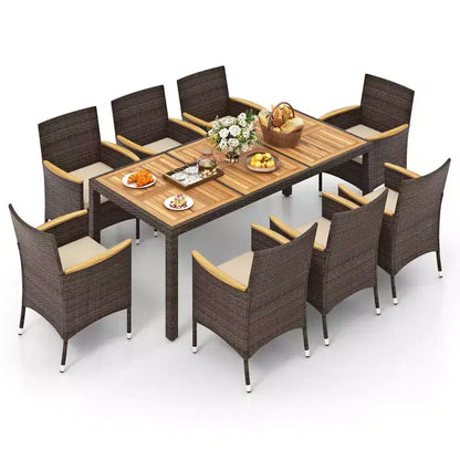 Costway Ensemble de salle à manger d'extérieur 9 pièces avec plateau de table en bois d'acacia, pour 8 personnes, bleu marine/beige