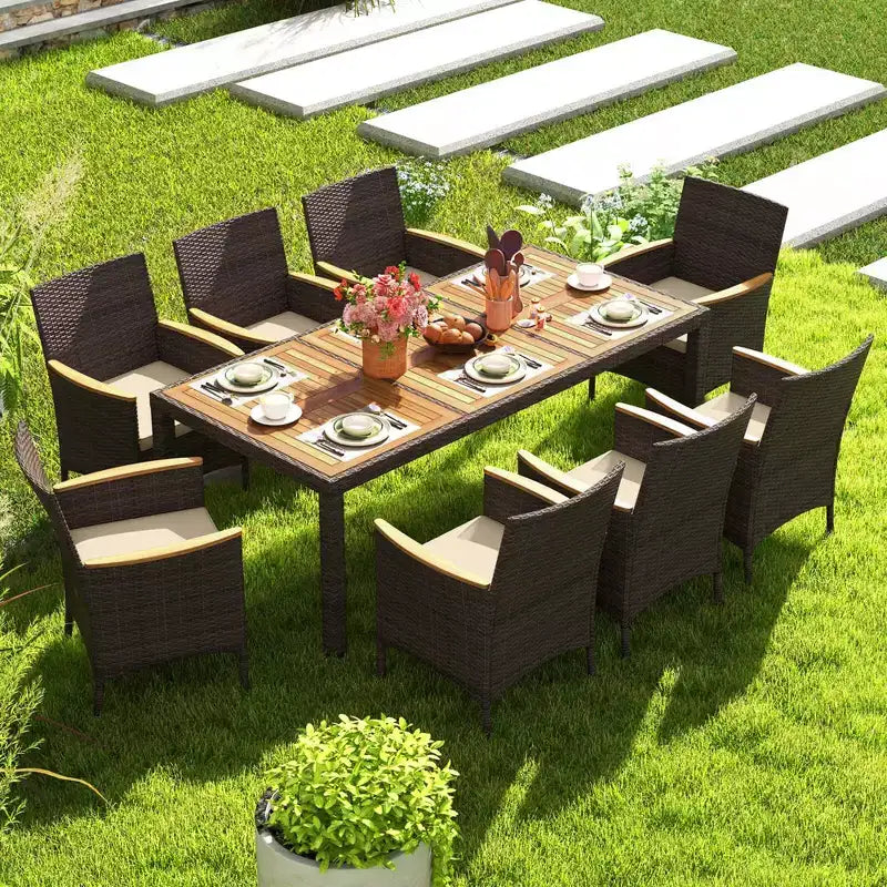 Costway Ensemble de salle à manger d'extérieur 9 pièces avec plateau de table en bois d'acacia, pour 8 personnes, bleu marine/beige