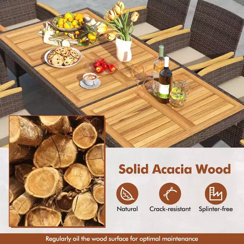 Costway Ensemble de salle à manger d'extérieur 9 pièces avec plateau de table en bois d'acacia, pour 8 personnes, bleu marine/beige