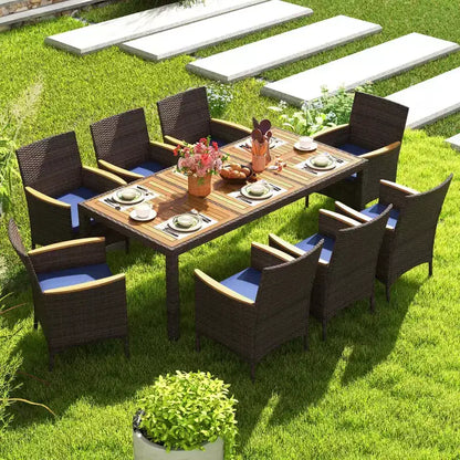 Costway Ensemble de salle à manger d'extérieur 9 pièces avec plateau de table en bois d'acacia, pour 8 personnes, bleu marine/beige