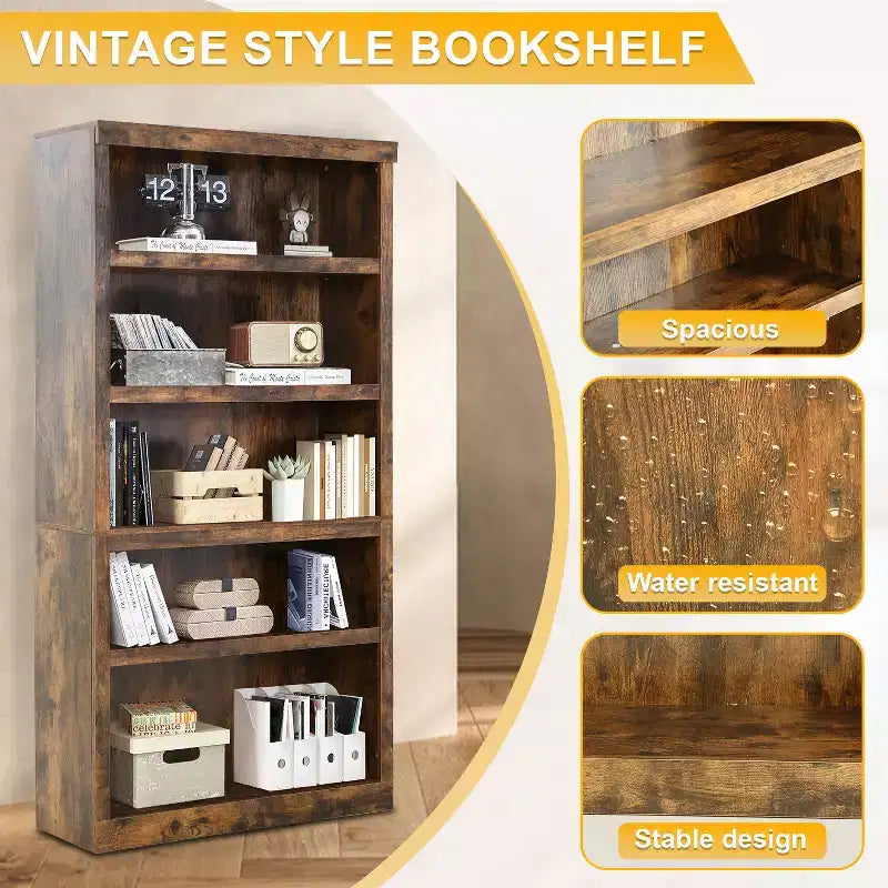 Meuble bibliothèque à 5 étagères en bois BestMassage et accès facile pour salon, chambre, bureau, marron