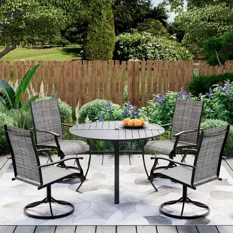 EROMMY 5 Piece Patio Dining Set, Outdoor Dining Table And Chairs Set For 4, 4 Swivel Chairs, 1 Iron Round Table With Adjustable Umbrella Hole