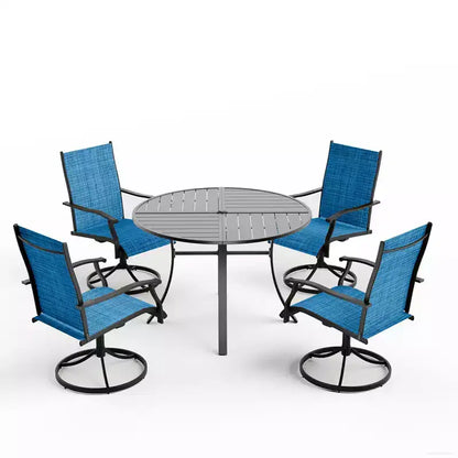 EROMMY 5 Piece Patio Dining Set, Outdoor Dining Table And Chairs Set For 4, 4 Swivel Chairs, 1 Iron Round Table With Adjustable Umbrella Hole