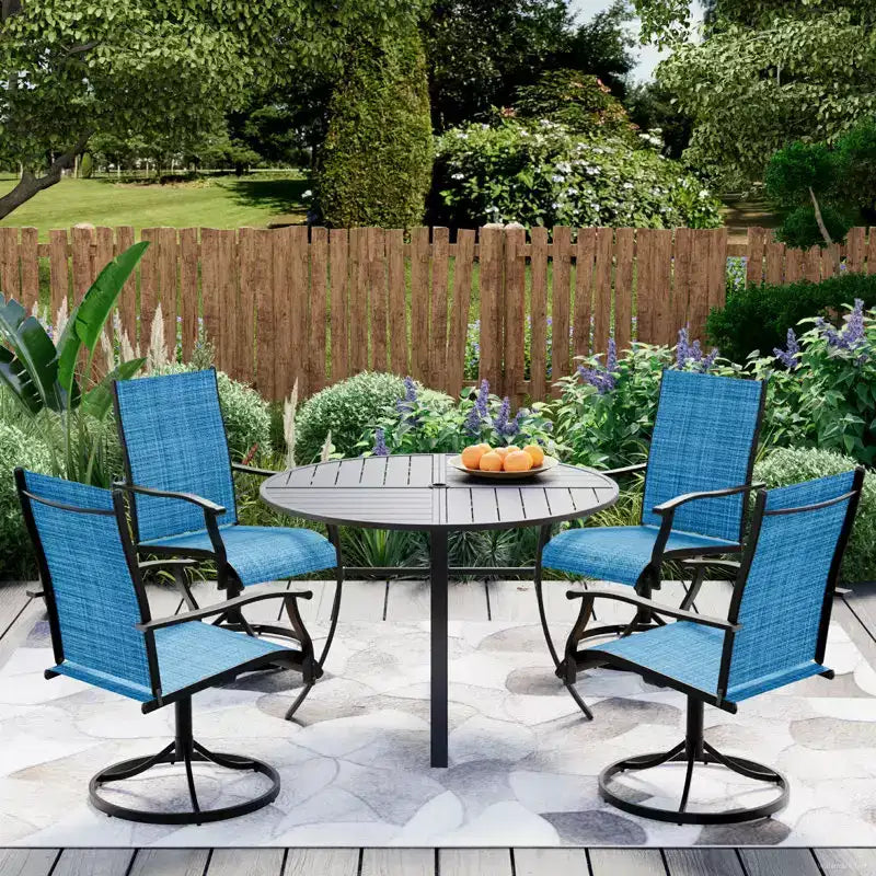EROMMY 5 Piece Patio Dining Set, Outdoor Dining Table And Chairs Set For 4, 4 Swivel Chairs, 1 Iron Round Table With Adjustable Umbrella Hole