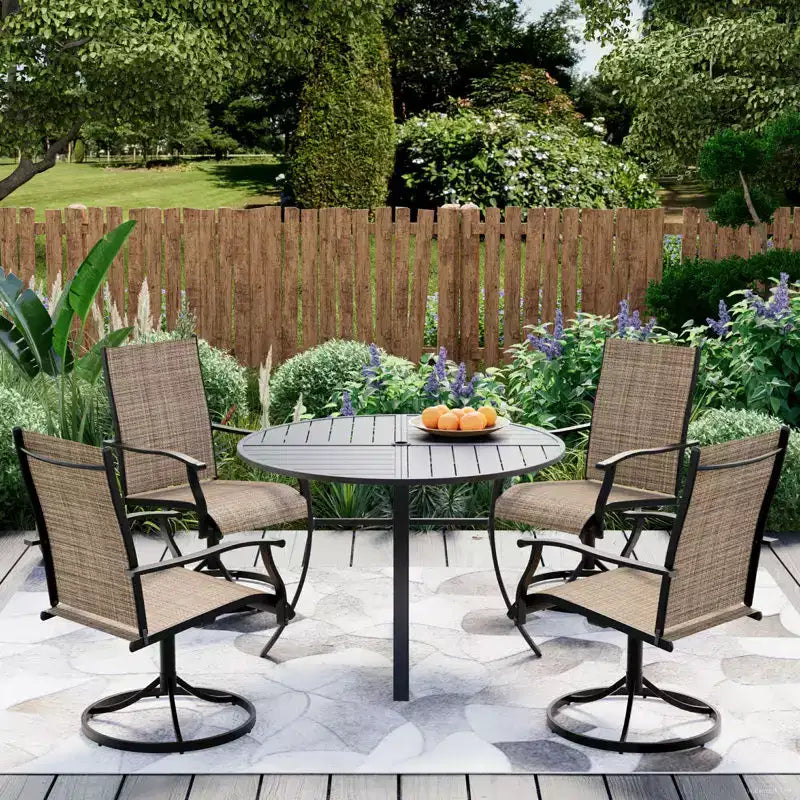 EROMMY 5 Piece Patio Dining Set, Outdoor Dining Table And Chairs Set For 4, 4 Swivel Chairs, 1 Iron Round Table With Adjustable Umbrella Hole