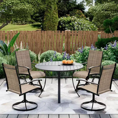 EROMMY 5 Piece Patio Dining Set, Outdoor Dining Table And Chairs Set For 4, 4 Swivel Chairs, 1 Iron Round Table With Adjustable Umbrella Hole
