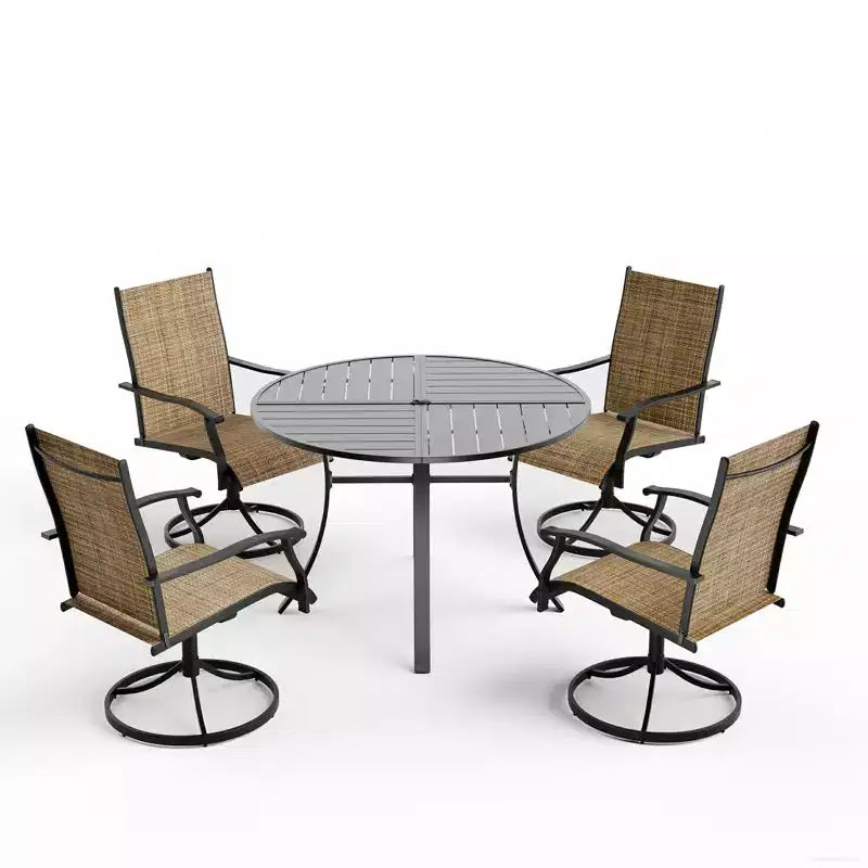 EROMMY 5 Piece Patio Dining Set, Outdoor Dining Table And Chairs Set For 4, 4 Swivel Chairs, 1 Iron Round Table With Adjustable Umbrella Hole